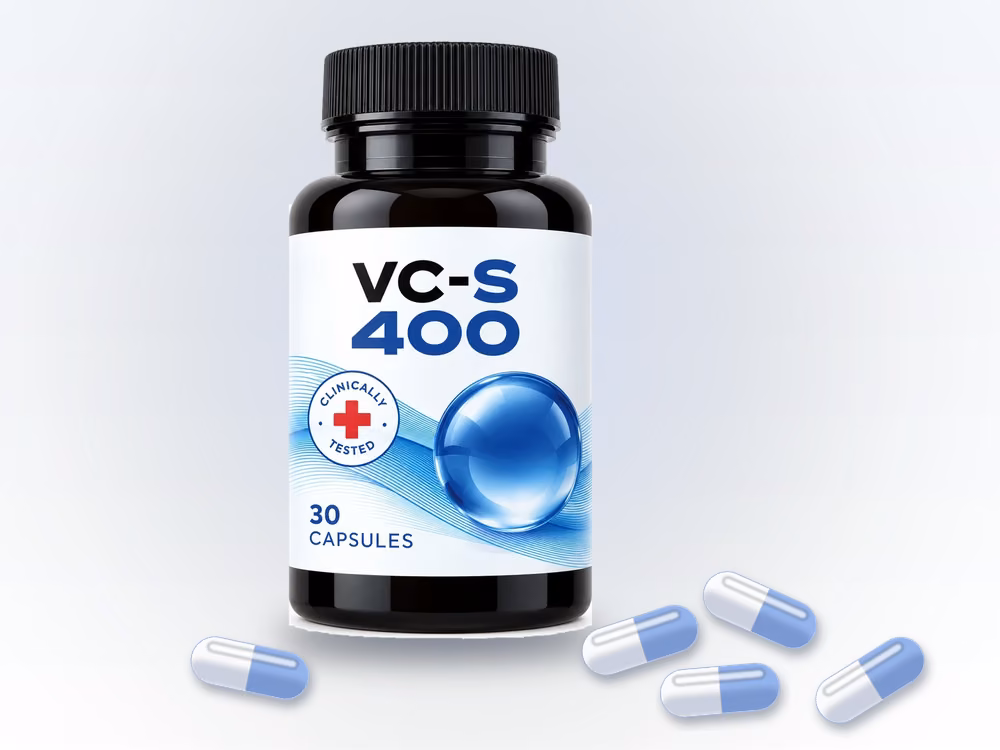 Flacon VC-S 400 entouré de quelques gélules posées à côté