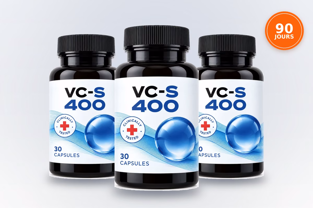 Trois flacons de VC-S 400 alignés, soit une cure de 90 jours